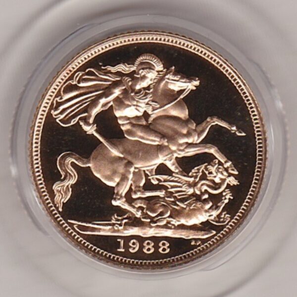 1988 gold proof sovereign coin featuring queen Elizabeth II on the Obverse & St George and the Dragon Reverse. This coin comes as issued by the royal mint.