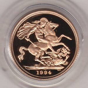 1994 gold proof sovereign coin featuring queen Elizabeth II on the Obverse & St George and the Dragon Reverse. This coin comes as issued by the royal mint.