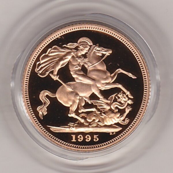 1995 gold proof sovereign coin featuring queen Elizabeth II on the Obverse & St George and the Dragon Reverse. This coin comes as issued by the royal mint.