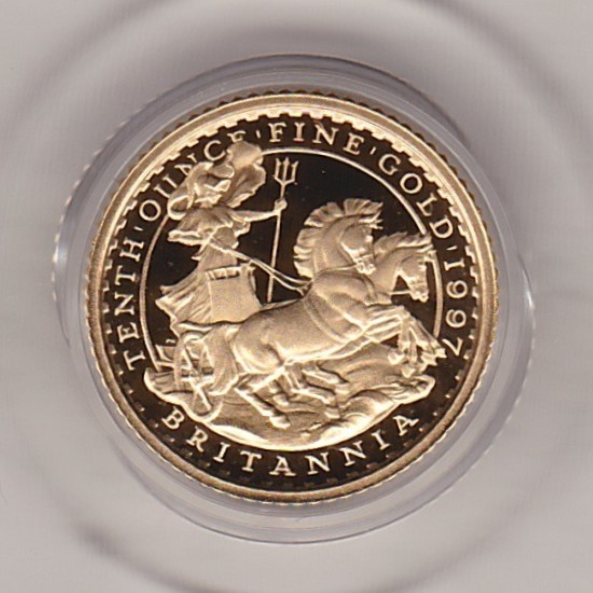 1997 Gold Proof Tenth Ounce Britannia coin featuring Queen Elizabeth II on the Obverse. The standing Britannia holding a trident features on the Reverse.