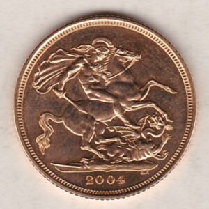 2004 Gold Sovereign Coin. This coin features the fourth portrait of Queen Elizabeth II on the obverse. St George and dragon on the reverse.
