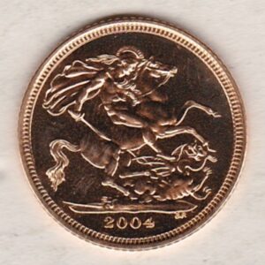 2004 Gold Half Sovereign coin featuring the fourth portrait of Queen Elizabeth II on the Obverse. St George and the dragon on the Reverse.