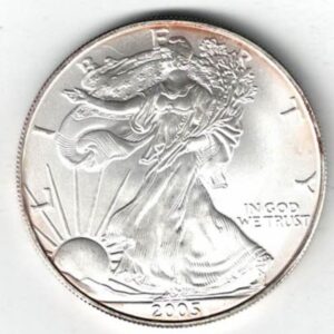 2005 Silver USA One Ounce Eagle. The liberty is on the obverse, The eagle is on the reverse. The coin contains one ounce of 999 fine silver.
