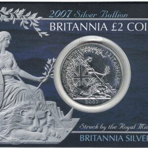 2007 Silver Britannia One Ounce in Card Pack. The coin contains one ounce of fine silver. All of our silver coins have been pre-owned and are in stock.