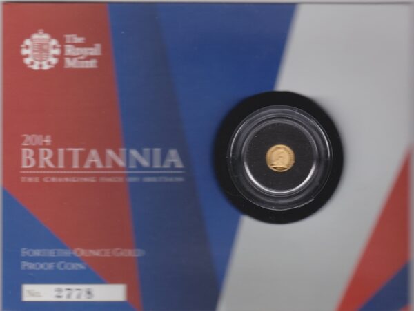 2014 Gold Proof Fortieth Ounce Britannia coin featuring Queen Elizabeth II on the Obverse. The Reverse features the image of Britannia in profile.