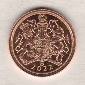 2022 Gold Quarter Sovereign Coin featuring the portrait of Queen Elizabeth II on the obverse. This coin was issued for the platinum jubilee.