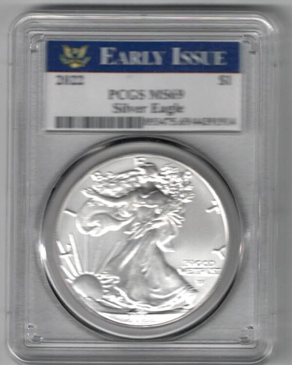 Slabbed PCGS 2022 Silver USA One Ounce Eagle. The liberty is on the obverse, The eagle is on the reverse. The coin contains one ounce of 999 fine silver.