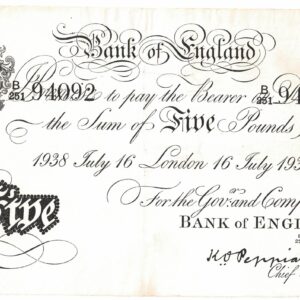 B241 White Five Pounds Banknote. This large white note is the London July16th 1938 Issue, with Prefix / Serial Number B Over 251 94092