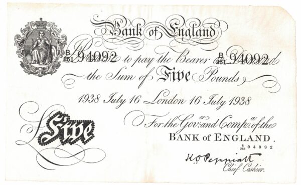 B241 White Five Pounds Banknote. This large white note is the London July16th 1938 Issue, with Prefix / Serial Number B Over 251 94092