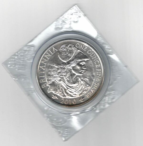 2010 Silver Britannia One Ounce Coin. The coin contains one ounce of fine silver. Elizabeth II is on the obverse facing right.
