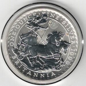Toned 1999 Silver Britannia One Ounce Coin. The coin contains one ounce of fine silver. All of our silver coins have been pre-owned and are in stock.