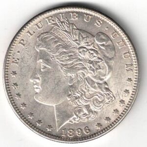 1896 Silver USA Morgan Dollar coin featuring lady liberty on the obverse. The eagle holding arrows and an olive branch on the reverse.