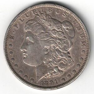 1891 Silver USA Morgan Dollar coin featuring lady liberty on the obverse. The eagle holding arrows and an olive branch on the reverse.