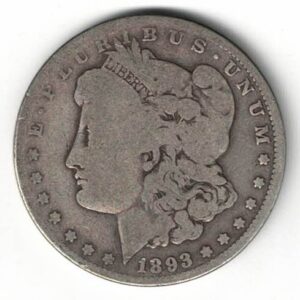 1893 Silver USA Morgan Dollar coin featuring lady liberty on the obverse. The eagle holding arrows and an olive branch on the reverse.