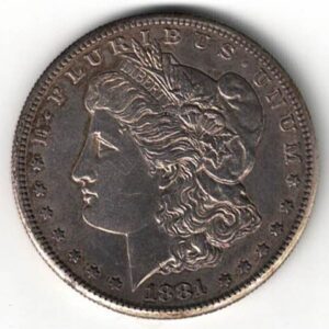 1881 S Silver USA Morgan Dollar coin featuring lady liberty on the obverse. The eagle holding arrows and an olive branch on the reverse.