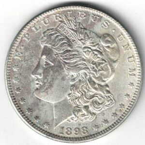 1898 Silver USA Morgan Dollar coin featuring lady liberty on the obverse. The eagle holding arrows and an olive branch on the reverse.