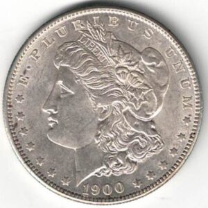 1900 Silver USA Morgan Dollar coin featuring lady liberty on the obverse. The eagle holding arrows and an olive branch on the reverse.