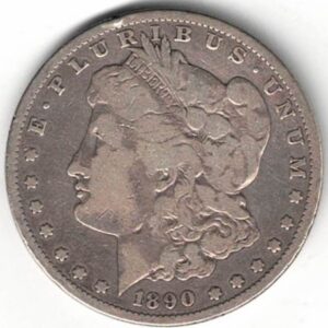 1890 S Silver USA Morgan Dollar coin featuring lady liberty on the obverse. The eagle holding arrows and an olive branch on the reverse.