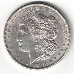 1890 Silver USA Morgan Dollar coin featuring lady liberty on the obverse. The eagle holding arrows and an olive branch on the reverse.