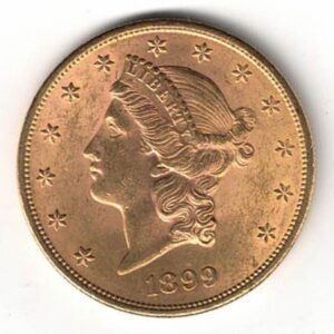 1899 USA Twenty Dollars coin featuring the Lady Liberty on the Obverse. The eagle with a shield on its chest completes the Reverse.