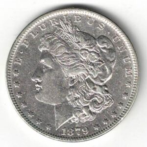 1879 Silver USA Morgan Dollar coin featuring lady liberty on the obverse. The eagle holding arrows and an olive branch on the reverse.