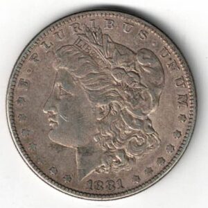 1881 Silver USA Morgan Dollar coin featuring lady liberty on the obverse. The eagle holding arrows and an olive branch on the reverse.