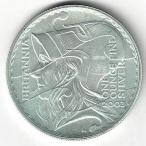 2003 Silver Britannia One Ounce Coin. The coin contains one ounce of fine silver. All of our silver coins have been pre-owned and are in stock.