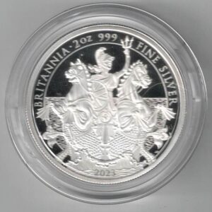 2023 Two Ounce Silver Coin Britannia coin. This coin features the portrait of Charles III Facing to the left. All coins are in stock.