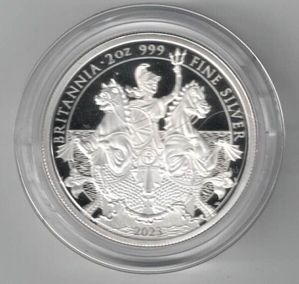 2023 Two Ounce Silver Coin Britannia coin. This coin features the portrait of Charles III Facing to the left. All coins are in stock.