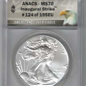 Slabbed 2024 Silver USA One Ounce Eagle. The liberty is on the obverse, The eagle is on the reverse. The coin contains one ounce of 999 fine silver.