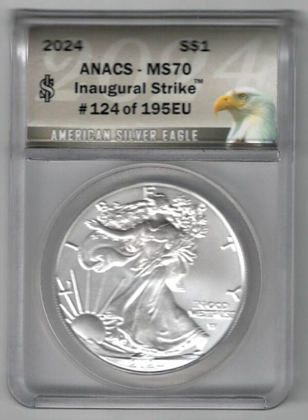 Slabbed 2024 Silver USA One Ounce Eagle. The liberty is on the obverse, The eagle is on the reverse. The coin contains one ounce of 999 fine silver.