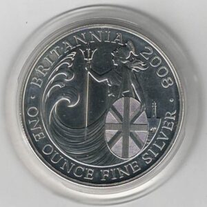 2008 Silver Britannia One Ounce Coin. The coin contains one ounce of fine silver. All of our silver coins have been pre-owned and are in stock.