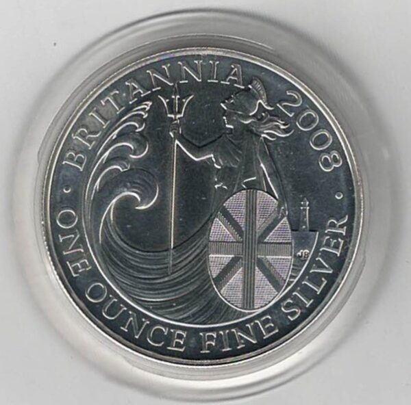 2008 Silver Britannia One Ounce Coin. The coin contains one ounce of fine silver. All of our silver coins have been pre-owned and are in stock.