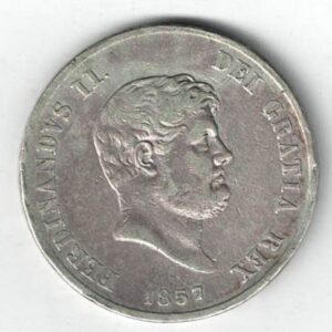 1857 Naples Italy 120 Grana Silver Coin. The obverse features Ferdinando II. The reverse has the denomination with legend and Crowned Shield.