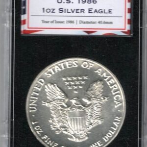 1986 Silver USA One Ounce Eagle. The liberty is on the obverse, The eagle is on the reverse. The coin contains one ounce of 999 fine silver.