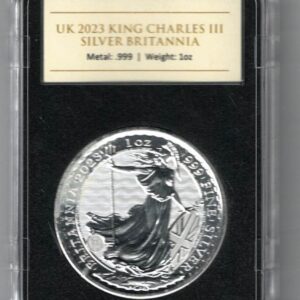 2023 Silver Britannia One Ounce Coin. The portrait of King Charles III is on the obverse. The coin contains one ounce of 999 fine silver.