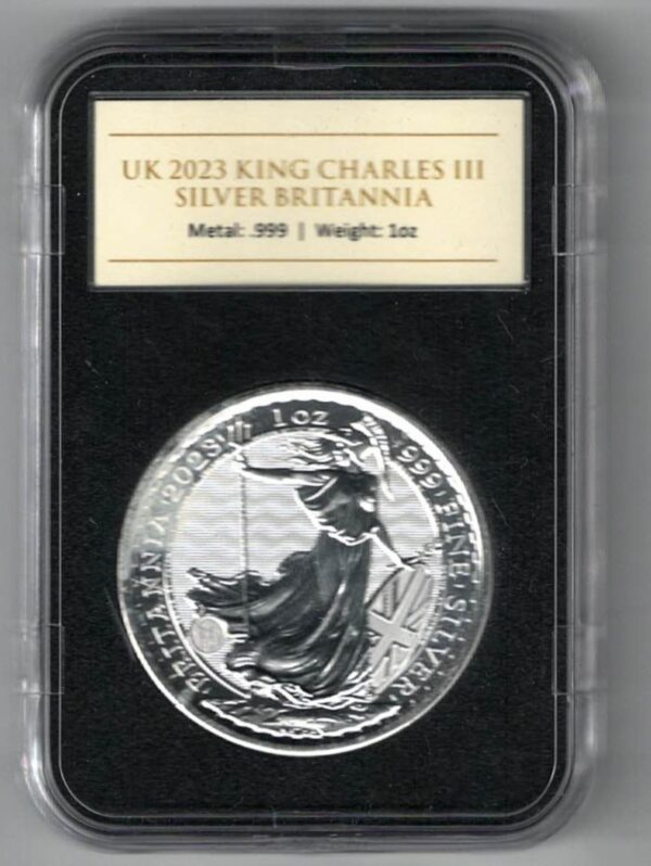 2023 Silver Britannia One Ounce Coin. The portrait of King Charles III is on the obverse. The coin contains one ounce of 999 fine silver.