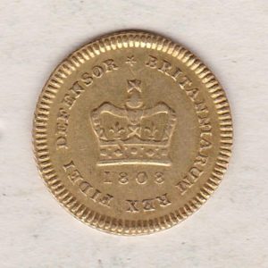 1808 Gold Third Guinea Coin featuring the laureate head portrait of King George III on the obverse. The reverse central crown with legend around and date.