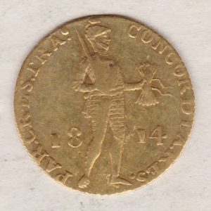 1814 Netherlands Gold Ducat coin. The obverse features a knight with sword and arrows. The reverse features text within an ornamented square.