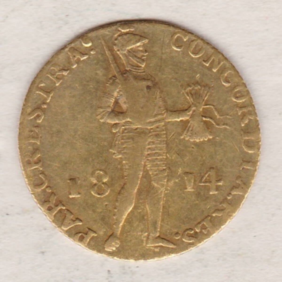 1814 Netherlands Gold Ducat coin. The obverse features a knight with sword and arrows. The reverse features text within an ornamented square.