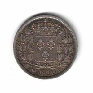 1821 A France Silver Half Franc Coin. The obverse features bust of Louis XVIII facing left. The reverse features an Ecu of france.