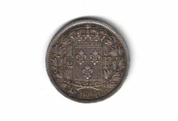 1821 A France Silver Half Franc Coin. The obverse features bust of Louis XVIII facing left. The reverse features an Ecu of france.