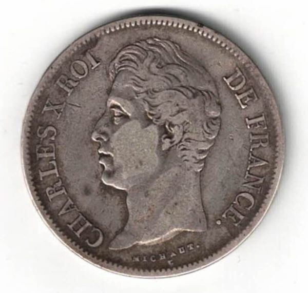 1827 W France Silver Five Francs coin featuring Charles X on the Obverse. The reverse features Crowned shield of France between two olive branches letters