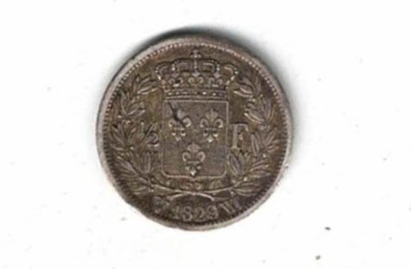 1829 W France Silver Half Franc Coin. The obverse features bust of Charles X facing left. All coins are in stock for dispatch.
