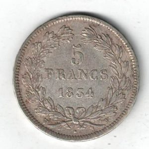 1834 W France Silver Five Francs Coin. The obverse features bust of Louis Philippe I facing right. All coins are in stock for dispatch.