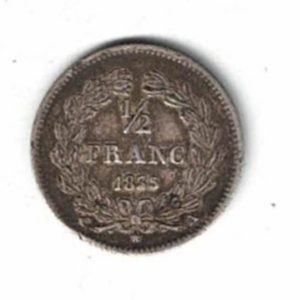 1835 A France Silver Half Franc Coin. The obverse features bust of Louis Philippe I facing right. The reverse features a crown between two branches.
