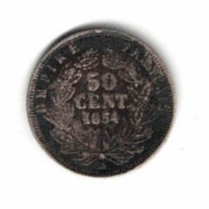1854 A France Silver Fifty Centimes Coin. The obverse features the bust of Napoleon III facing left. All coins are instock.