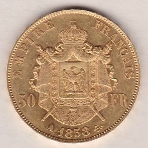 1858 A France Gold Fifty Francs coin featuring Napoleon III on the Obverse. A crowned mantle with date and mint mark on the Reverse.