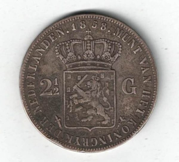 1858 Netherlands Silver Two And Half Gulden Coin. The obverse of this coin features the head of King Willem III facing right.