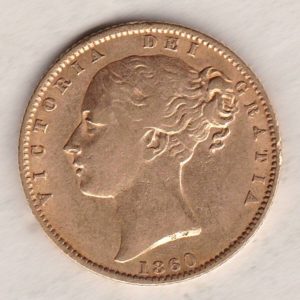 1860 Gold Sovereign Coin. The coin features a young head queen Victoria on the Obverse and the collectable shield design on the Reverse.